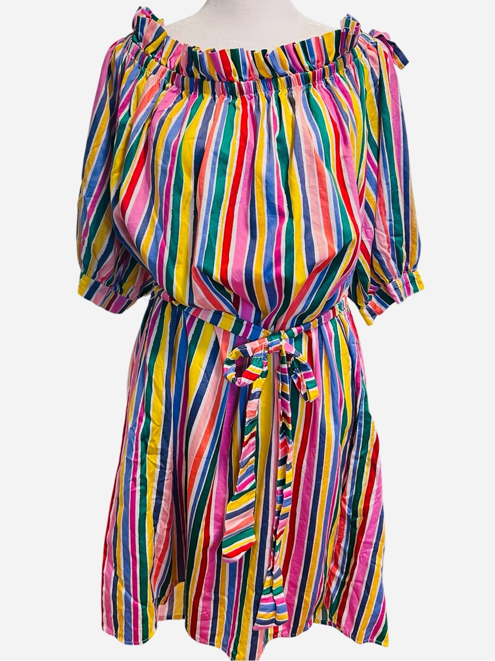 ELOQUII Elements colorful Rainbow Stripe Off Shoulder Dress Size 18 Tie Waist